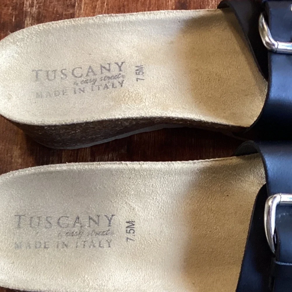 Tuscany by Easy Street Black Buckle Cork Wedge Slide Sandals Made in Italy‎ 7.5M